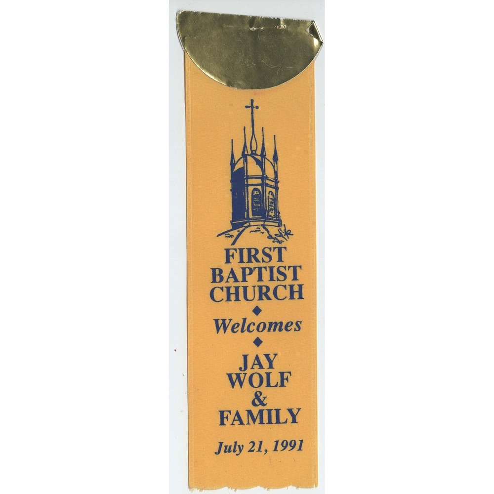 Vintage 1991 First Baptist Church Montgomery AL Jay Wolf Welcome Ribbon - Picture 1 of 2